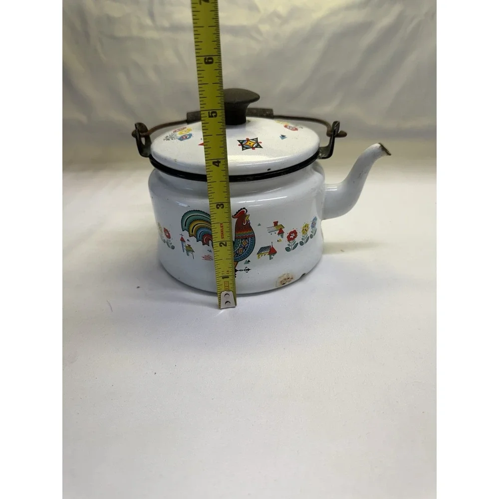Berggren Rooster Enamelware Tea  Pot Kettle Swedish Folk Art Vintage with Handle